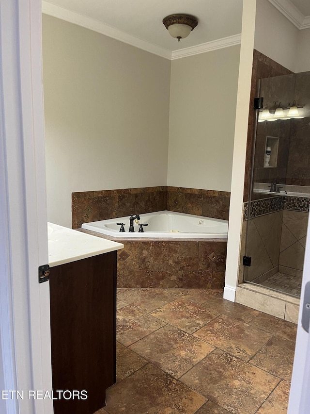 891 Forgety Rd, Jefferson City, TN 37760 - bathroom featuring stone tile flooring, vanity, a bath, ornamental molding, and a stall shower