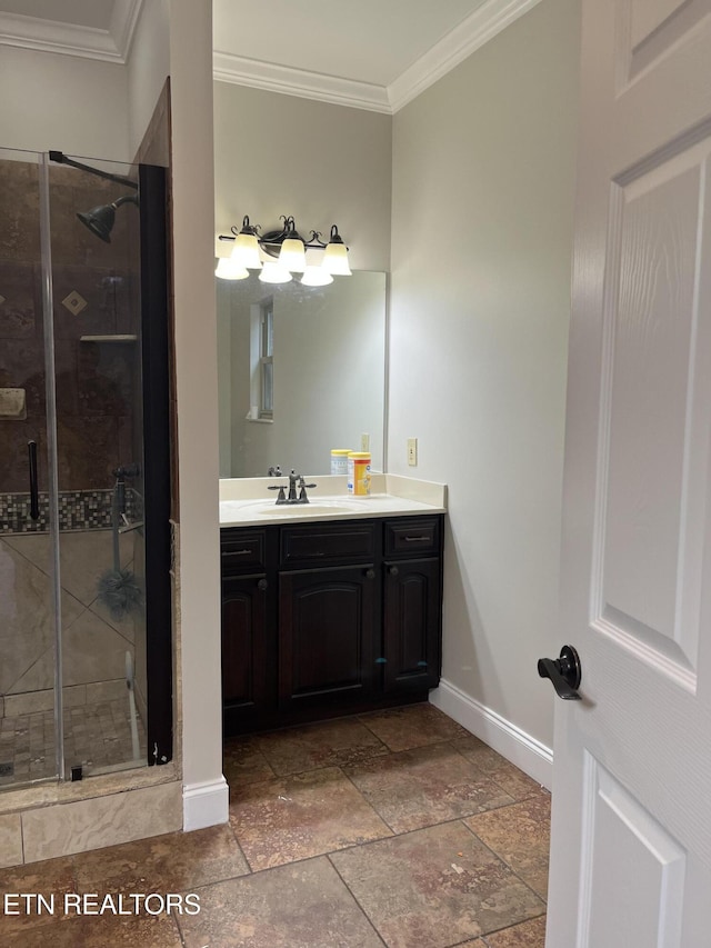 891 Forgety Rd, Jefferson City, TN 37760 - full bathroom with vanity, a stall shower, ornamental molding, and stone tile floors