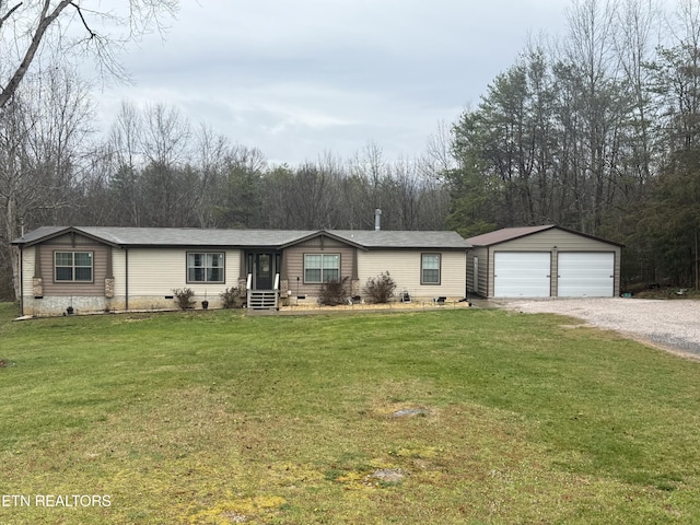 160 Walnut Ln, Rutledge, TN 37861 - view of front of house with driveway, an outdoor structure, a detached garage, crawl space, and a front lawn