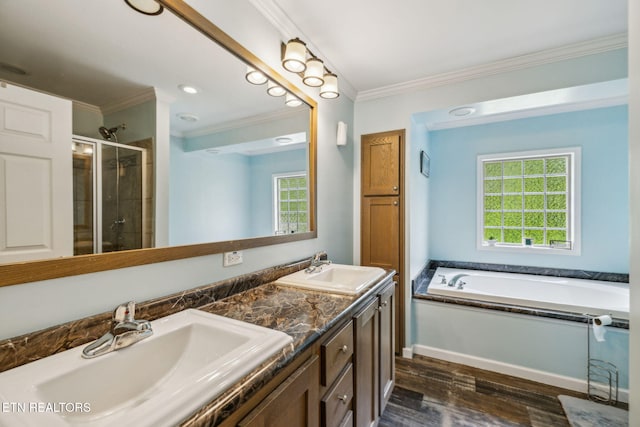 160 Walnut Ln, Rutledge, TN 37861 - bathroom featuring a sink, ornamental molding, a shower stall, and wood finished floors