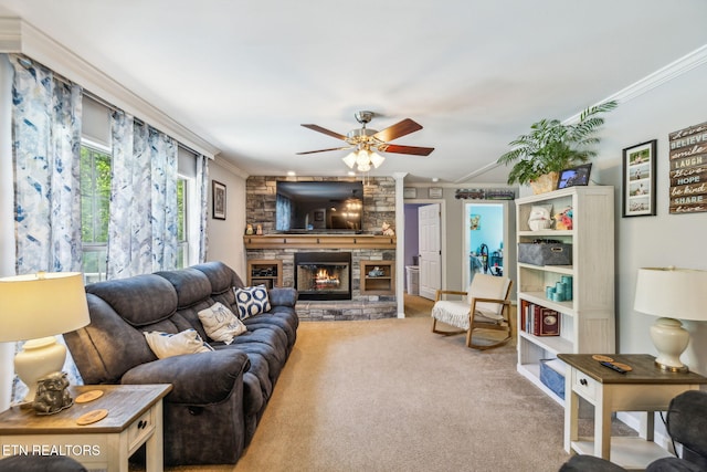 160 Walnut Ln, Rutledge, TN 37861 - carpeted living room with a ceiling fan, a stone fireplace, and crown molding