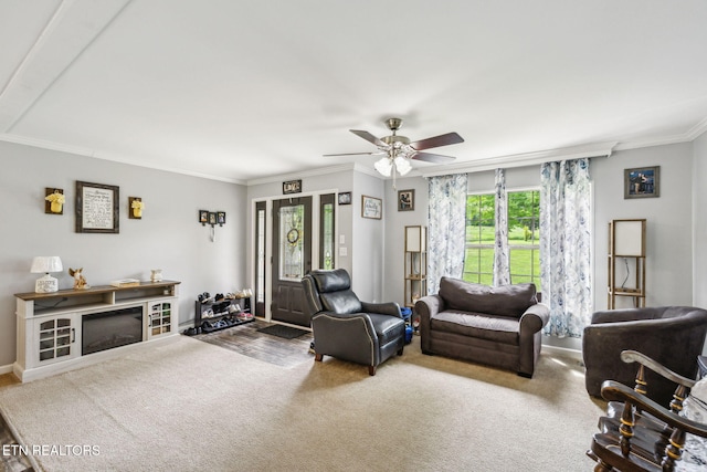 160 Walnut Ln, Rutledge, TN 37861 - carpeted living area featuring crown molding, baseboards, and a ceiling fan