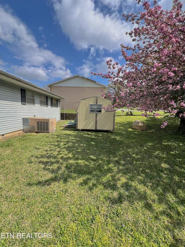 view of yard with central AC unit, a shed, and an outdoor structure