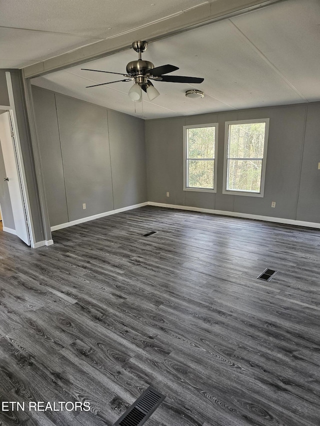 367 Mcjunkin Rd, Tellico Plains, TN 37385 - empty room with dark wood-style flooring, baseboards, ceiling fan, and visible vents