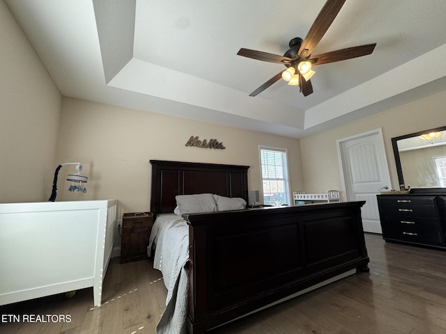 bedroom featuring wood finished floors, ceiling fan, and a raised ceiling