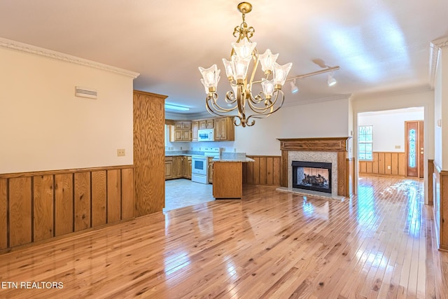 unfurnished living room featuring light wood-style flooring, a chandelier, rail lighting, ornamental molding, and wainscoting