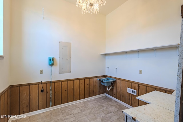 washroom with wood walls, wainscoting, an inviting chandelier, visible vents, and electric panel
