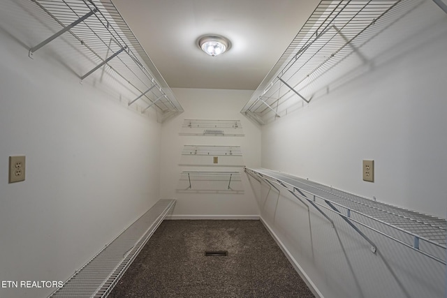 walk in closet with dark carpet