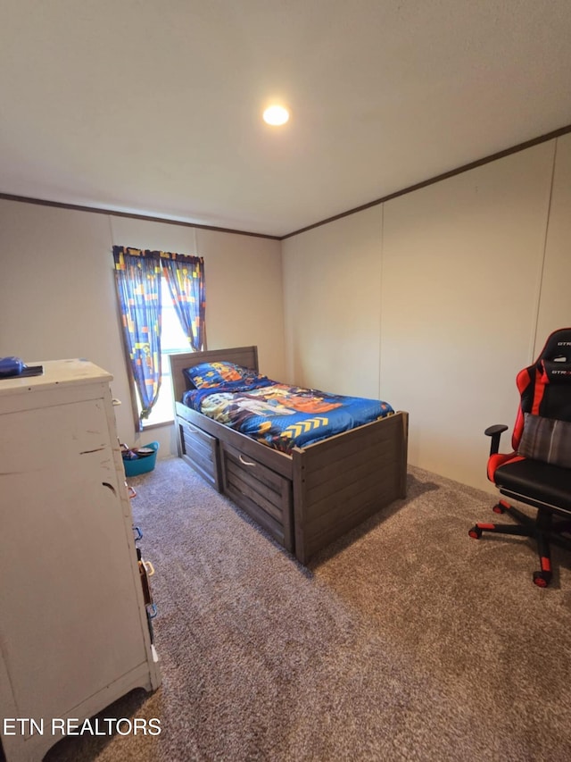 bedroom featuring ornamental molding, carpet floors, and recessed lighting