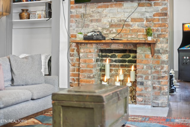 living room featuring a fireplace