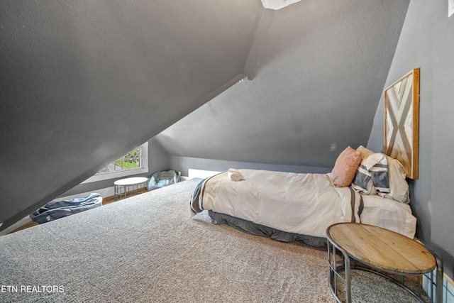 bedroom featuring lofted ceiling and a textured ceiling