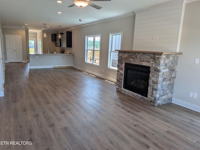 110 Roseberry St Lot 6B, Oak Ridge, TN 37830 - unfurnished living room with crown molding, a ceiling fan, a stone fireplace, dark wood-type flooring, and recessed lighting