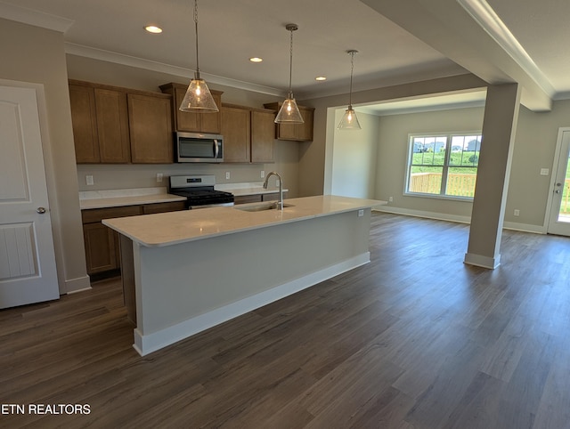 112 Roseberry St Lot 7B, Oak Ridge, TN 37830 - kitchen with appliances with stainless steel finishes, light countertops, a center island with sink, brown cabinets, and recessed lighting