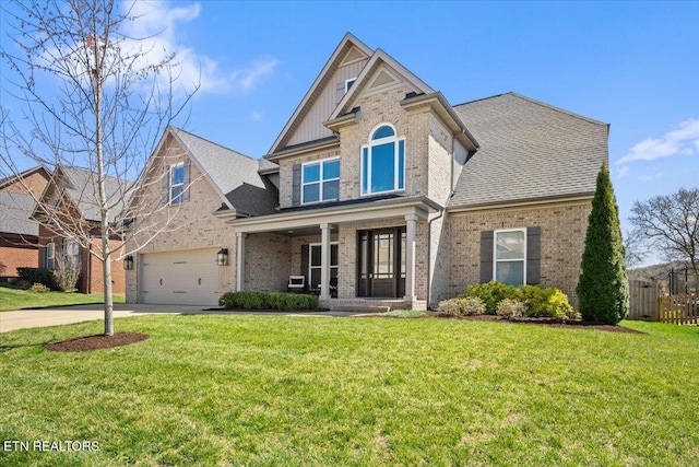 view of front of house with brick siding, a front lawn, board and batten siding, and concrete driveway
