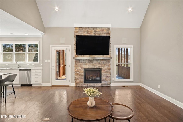 living room with a stone fireplace, baseboards, dark wood finished floors, and a wealth of natural light
