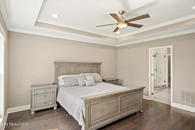 bedroom featuring baseboards, visible vents, crown molding, and dark wood-style flooring
