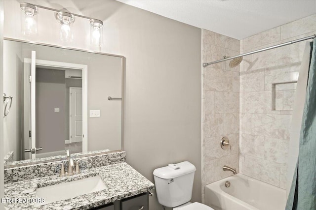 full bath with shower / bath combination with curtain, toilet, and vanity