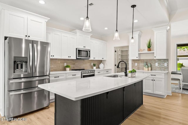kitchen with crown molding, a sink, open shelves, and stainless steel appliances