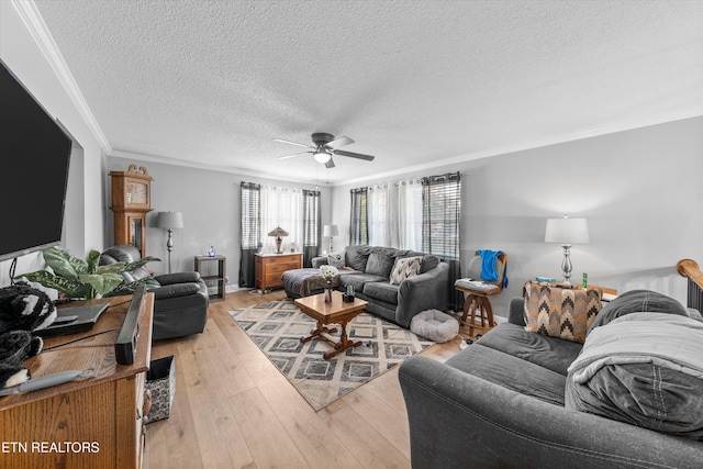 living room featuring a ceiling fan, wood finished floors, a textured ceiling, and crown molding