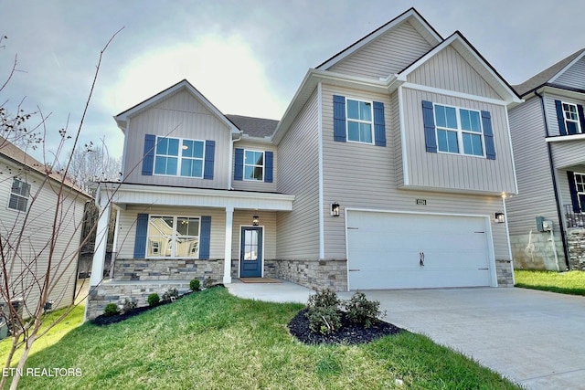 craftsman inspired home featuring stone siding, a garage, board and batten siding, and a porch