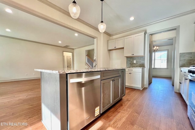 kitchen with light wood-style floors, decorative backsplash, ornamental molding, and stainless steel dishwasher