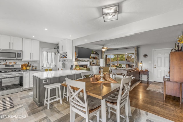 dining area featuring light wood finished floors, a ceiling fan, plenty of natural light, and a fireplace