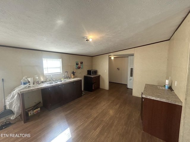 230 Hitch St, Vonore, TN 37885 - kitchen featuring light countertops, ornamental molding, stainless steel microwave, a sink, and dark wood-style floors