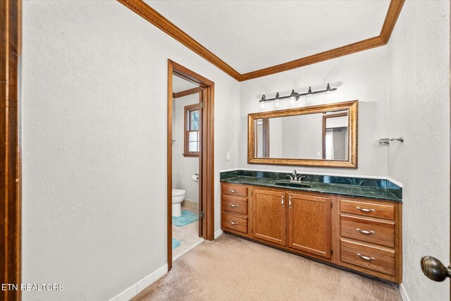 1441 Bunker Hill Rd, Cookeville, TN 38506 - bathroom featuring vanity, crown molding, toilet, a textured wall, and baseboards