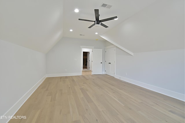 bonus room with lofted ceiling, baseboards, light wood finished floors, ceiling fan, and recessed lighting