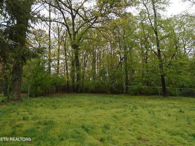 view of yard featuring fence and a wooded view