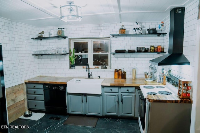 kitchen featuring open shelves, butcher block counters, dishwasher, and electric stove