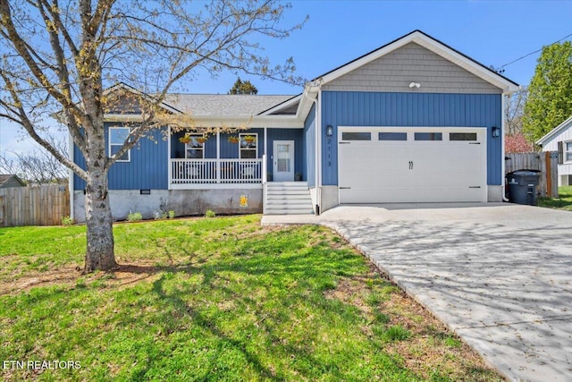 ranch-style home featuring driveway, covered porch, fence, an attached garage, and a front lawn