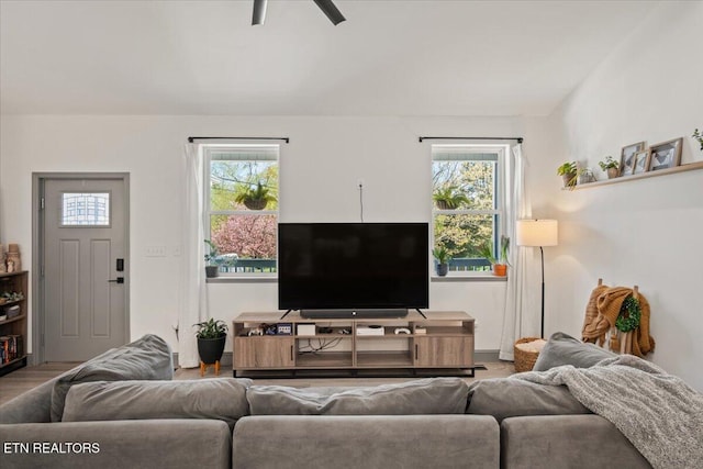 living area featuring ceiling fan and plenty of natural light