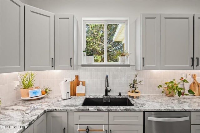 kitchen featuring a sink, backsplash, dishwasher, and light stone counters