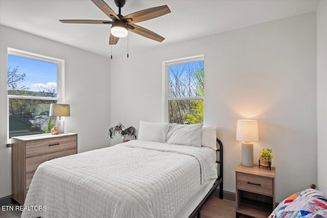 bedroom with wood finished floors, multiple windows, and a ceiling fan