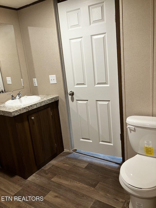 bathroom featuring toilet, vanity, and wood finished floors