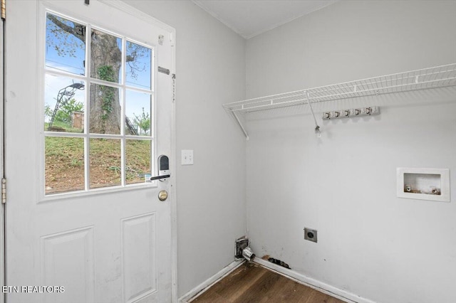 174 Sandy Hill Rd, Lafollette, TN 37766 - laundry room with hookup for an electric dryer, washer hookup, laundry area, dark wood-type flooring, and baseboards