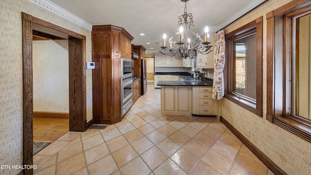 212 Douglas Ave, Sweetwater, TN 37874 - kitchen featuring crown molding, wallpapered walls, an inviting chandelier, and stainless steel appliances