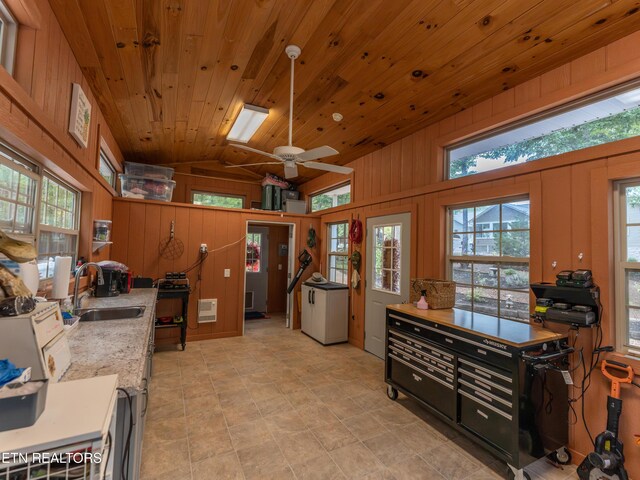 533 T Rd, Monterey, TN 38574 - kitchen with wooden ceiling, vaulted ceiling, a sink, and wooden walls