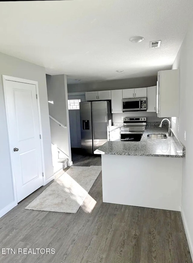 kitchen featuring visible vents, a sink, stainless steel appliances, and dark wood finished floors