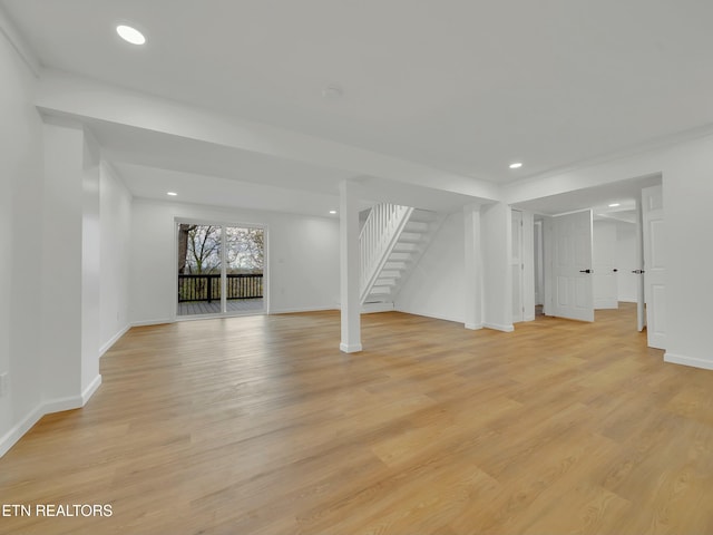 2249 Knollcrest Ln, Knoxville, TN 37920 - basement with baseboards, recessed lighting, light wood-style flooring, and stairway