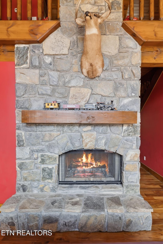 details featuring baseboards, wood finished floors, and a stone fireplace