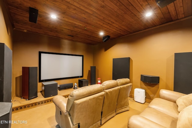 home theater featuring baseboards, recessed lighting, and wooden ceiling