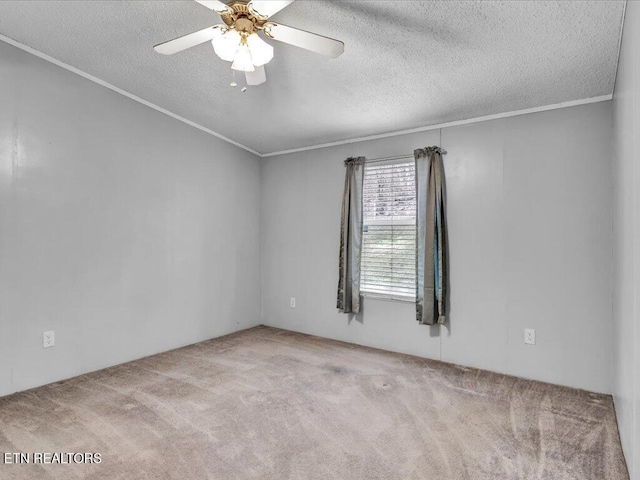 spare room featuring crown molding, ceiling fan, carpet, and a textured ceiling