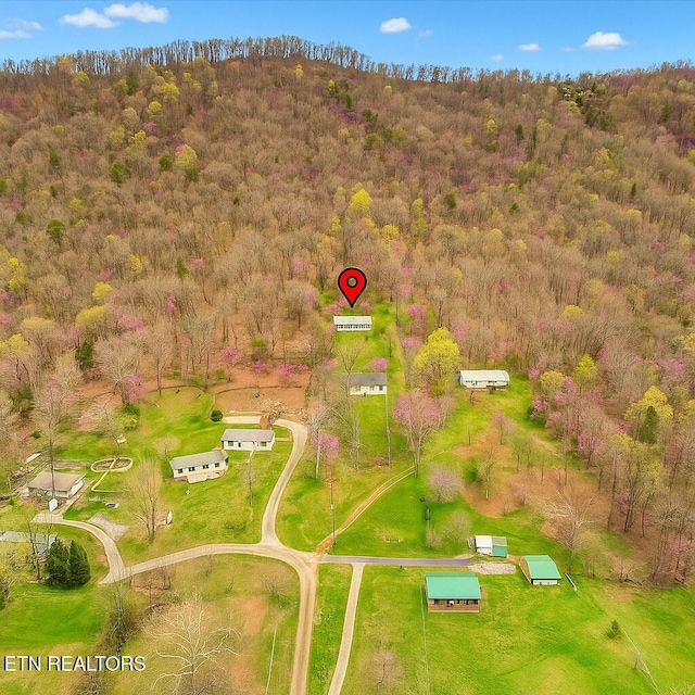 drone / aerial view with a forest view