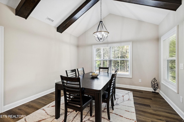 dining area with a chandelier, healthy amount of natural light, and dark wood-style floors