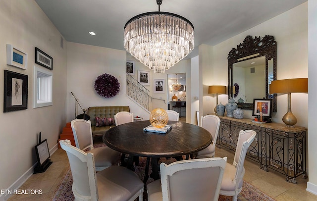 11901 S Fox Den Dr, Knoxville, TN 37934 - dining room featuring stairs, light tile patterned flooring, a chandelier, baseboards, and recessed lighting