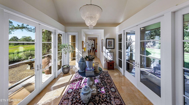 11901 S Fox Den Dr, Knoxville, TN 37934 - sunroom with french doors, lofted ceiling, and a chandelier