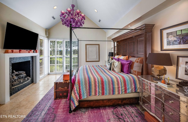 11901 S Fox Den Dr, Knoxville, TN 37934 - bedroom with recessed lighting, a fireplace, light tile patterned floors, and high vaulted ceiling