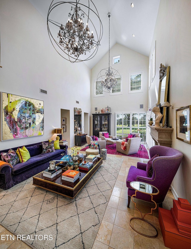 11901 S Fox Den Dr, Knoxville, TN 37934 - living area with a chandelier and high vaulted ceiling